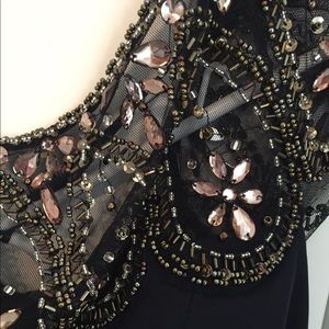 Navy blue formal dress with beading at top